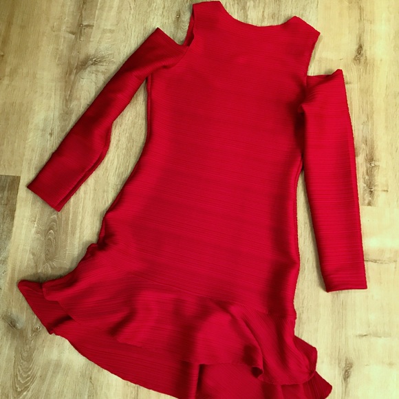 Shoshanna Red Ottoman Jacquard Dress cold shoulder - Picture 8 of 8